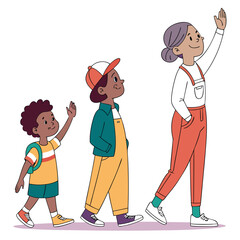 Children and adult walking in line