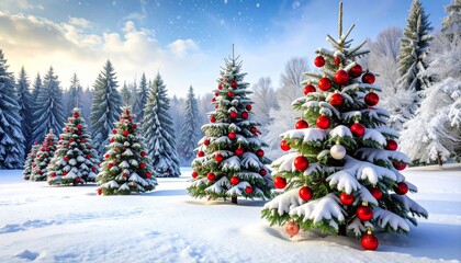 Obraz premium A festive green Christmas tree with sparkling ornaments stands adorned in the snowy city, celebrating the winter holiday season