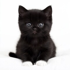 A cute black kitten with white paws sitting on a soft surface.