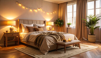 Cozy bedroom with warm lights, and evening.