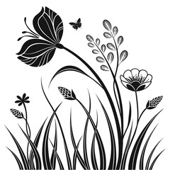 Elegant black and white floral silhouette with butterfly