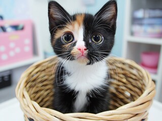 A cute calico kitten sitting in a woven basket, looking curiously at the camera.