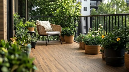Fototapeta premium Serene Balcony Garden Wicker Chair, Wood Deck, Lush Greenery, Potted Plants, Outdoor Oasis, Balcony Decor Balcony Design, Outdoor Space