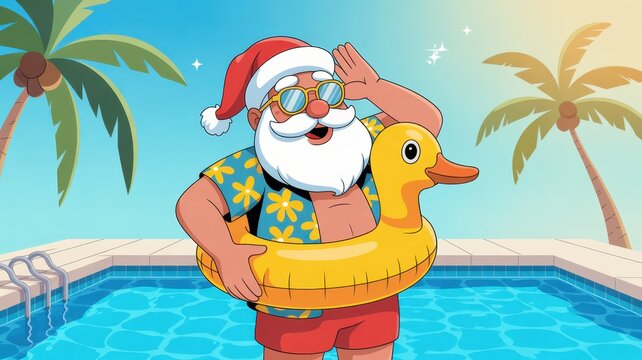 Santa enjoys a sunny day by the pool with his favorite rubber duck float. Christmas and New Year. Winter Wonderland