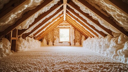 Spray Foam Insulation Attic Wooden Truss, White Foam, Bright Window, Energy Efficiency Attic Insulation, Spray Foam