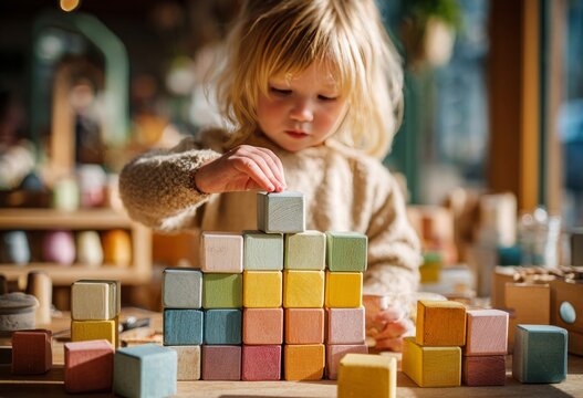 Little girl building a tower with colorful wooden blocks at home