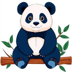 A cute cartoon panda sitting on a branch surrounded by leaves.