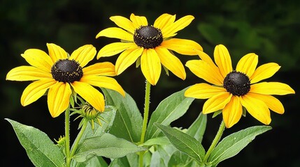 Obraz premium Triple Black-Eyed Susan Bloom Close-up Composition, Vibrant Yellow Petals, Dark Center, Garden Photography, Rudbeckia hirta Rudbeckia, Black-Eyed Susan