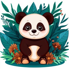 A cute cartoon panda surrounded by vibrant foliage and flowers.