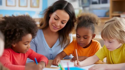 A smiling teacher sits at the front of a classroom surrounded by diverse happy students. Black children studying in school.	 - Powered by Adobe