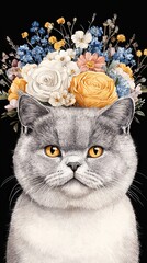A cute cat adorned with a floral crown against a dark background.