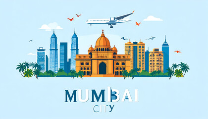 Mumbai City Skyline with Airplane, and Travel.