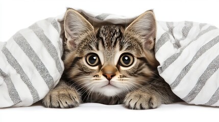 A cute cat peeking out from under a striped blanket.