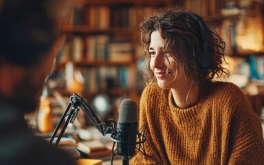 Young woman recording podcast with colleague in home studio
