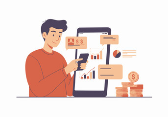 Man Interacting with Financial Data on a Large Mobile Device.