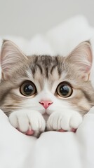 A cute cat with large eyes peeking out from a fluffy blanket.