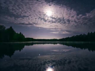 "Moonlit Reflection on a Tranquil Forest Lake Under a Starry Sky"

