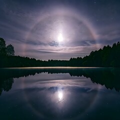 "Moonlit Reflection on a Tranquil Forest Lake Under a Starry Sky"

