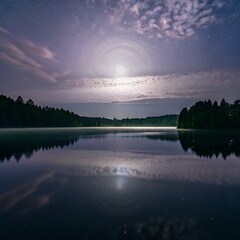 "Moonlit Reflection on a Tranquil Forest Lake Under a Starry Sky"

