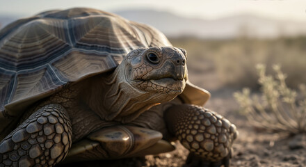 Desert tortoise with patterned shell on sandy ground in arid habitat. Reptile adaptation and desert ecosystem survival. Wildlife conservation and endangered species protection