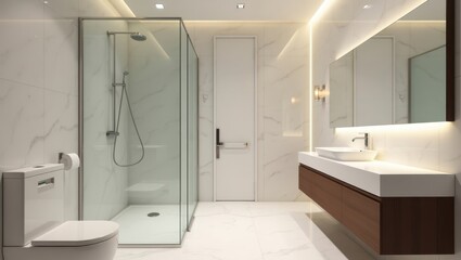Modern bathroom with a walk-in shower and vanity.