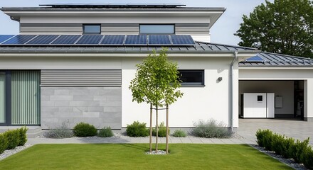 Modern House Exterior with Solar Panels and Green Lawn