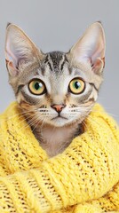 A cute cat wrapped in a yellow knitted blanket, looking curiously at the camera.