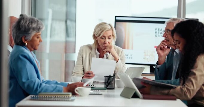 Loss, contract or business people in meeting with stress, bad news or document for taxes. Reject, fail or frustrated manager talking to group for crisis, risk strategy or plan with mistake or paper