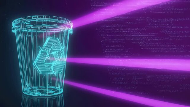 Glowing Digital Recycle Bin Animation with Neon Grid and Data Light Rays