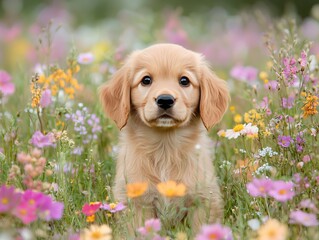 A cute golden retriever puppy surrounded by colorful wildflowers.