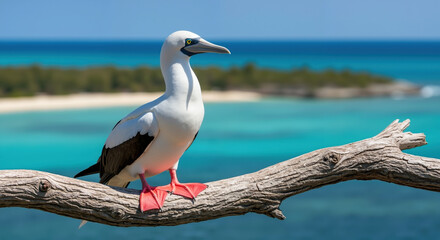 Gannet with red webbed feet perched on driftwood branch over turquoise water. Seabird coastal behavior and marine ecosystem adaptation. Wildlife observation content