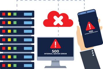 Concept 500 Internal server error, Website error, Network error, Cloud computing. Flat vector illustration for landing page, web design, banner, infographic.


