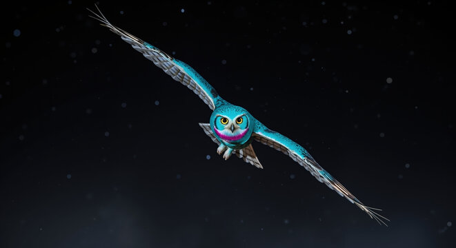 Owl with turquoise blue feathers flying with outstretched wings against starry night sky. Nocturnal bird of prey in natural habitat for wildlife conservation and raptor protection campaigns
