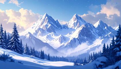 Snowy Mountain Peaks Winter Landscape.