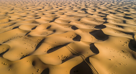 Obraz premium Aerial view of sand dunes with undulating patterns and wind-formed ridges. Desert landscape formation and natural erosion processes. Environmental geology and arid ecosystem study
