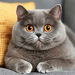 A cute gray cat with large orange eyes resting on a couch.