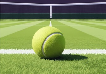 A tennis ball is sitting on a court Wimbledon, copy space. The ball is yellow and has a white stripe