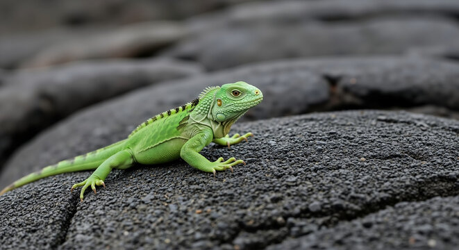 Green iguana with colorful scales basking on dark rocky surface. Reptile thermoregulation and tropical habitat behavior. Wildlife education and herpetology research content