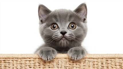 A cute gray kitten peeking over a textured surface, showcasing its curious expression.