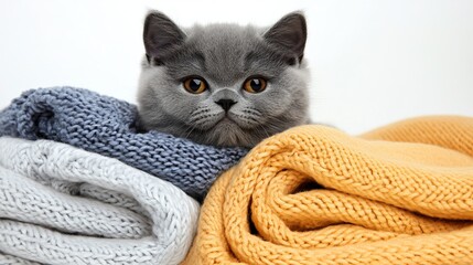A cute gray kitten nestled between colorful knitted blankets.