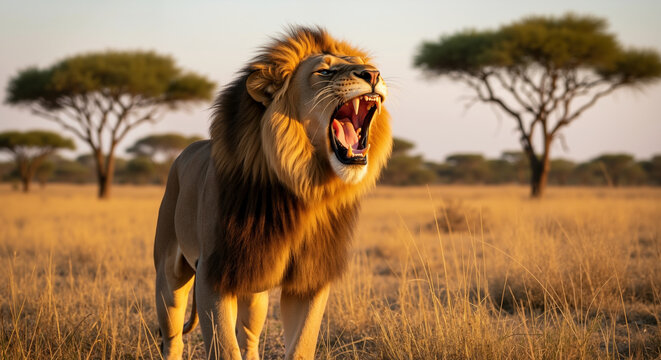 Lion roaring with open mouth in golden savanna grassland. Male big cat in natural African habitat for wildlife conservation and apex predator awareness campaigns