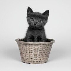 A cute gray kitten sitting in a wicker basket, looking curiously at the viewer.