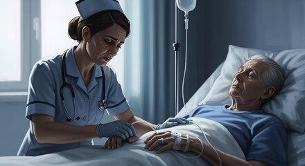 Nurse Assisting Senior Patient with Iv Drip in Hospital Bed Medical Care