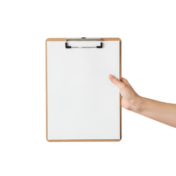 A persons hand holds a blank white paper on a wooden clipboard against a stark