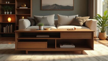 Wooden coffee table with storage in a living room setting.