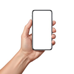 A persons hand holding a modern smartphone with a blank white screen against a