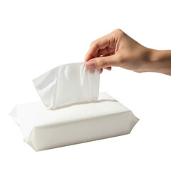 A persons hand pulling a wet wipe from a package of cleaning wipes on a transparent