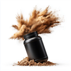 Protein powder bursts from a tipped black container in explosion isolated on white background, concept of fitness and supplements