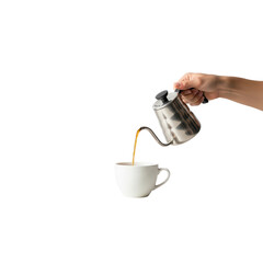 A hand holds a gooseneck kettle pouring a stream of hot coffee into a white ceramic
