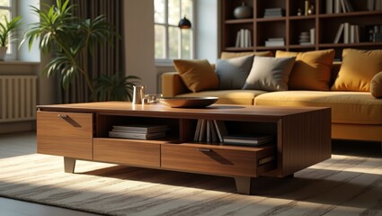 Obraz premium Modern wooden coffee table in a living room setting.